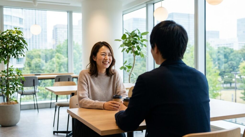 改善習慣を実践し、意地悪な人の顔つきに見られる特徴から脱却して穏やかな笑顔を見せる日本人女性の様子。