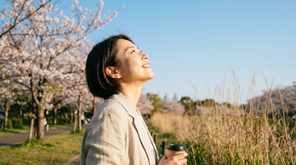 悩みから解放されて晴れやかな笑顔を見せる日本人女性。執着されやすい人の特徴や原因を理解し、適切な対処法を学んだ後の前向きな変化を表している。