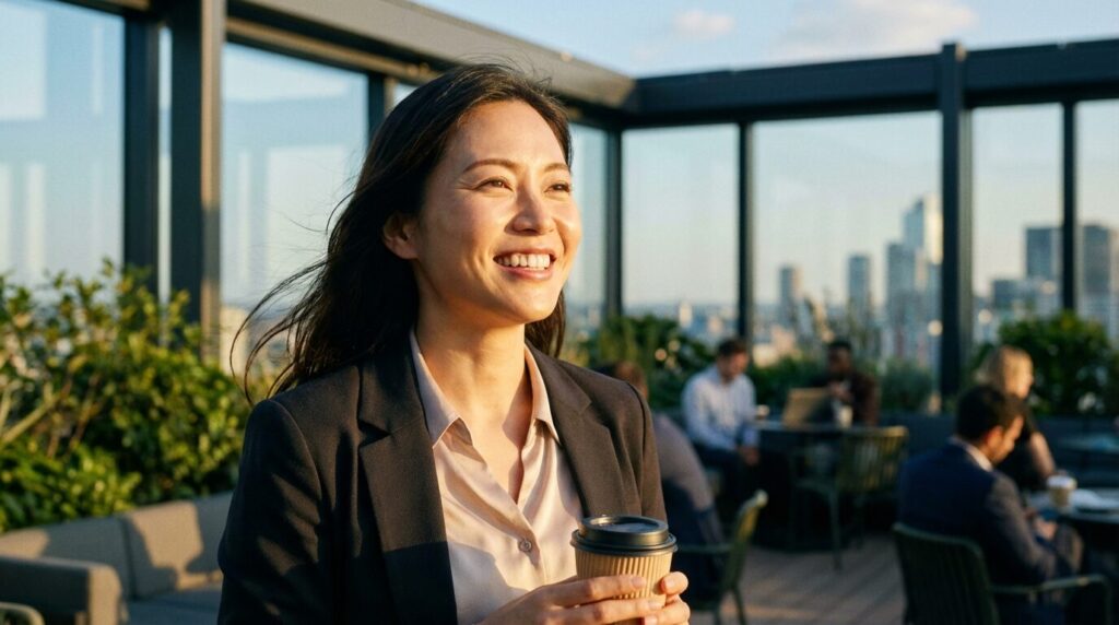 無責任な人の末路や適切な対処法を理解し、精神的な負担から解放されて自分のペースを取り戻した日本人女性の安堵した様子。