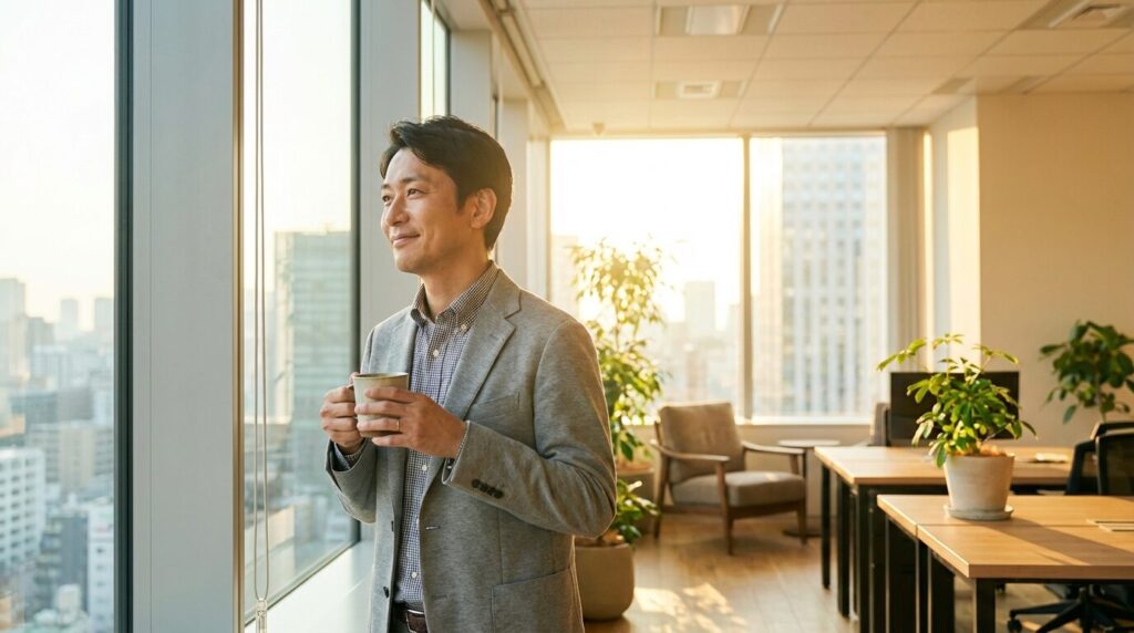 朝のオフィスで穏やかな表情を浮かべる日本人男性社員。ヘラヘラしてる人の特徴や心理を理解し、適切な対処法を実践することで、ストレスから解放された様子。