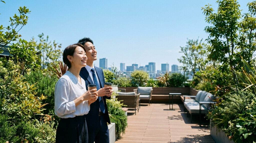 オフィスの休憩スペースでリラックスし、前向きな表情を見せる日本人社員たち。人の事ばかり気にする人の心理や対処法を理解し、ストレスのない人間関係へ向かう様子。