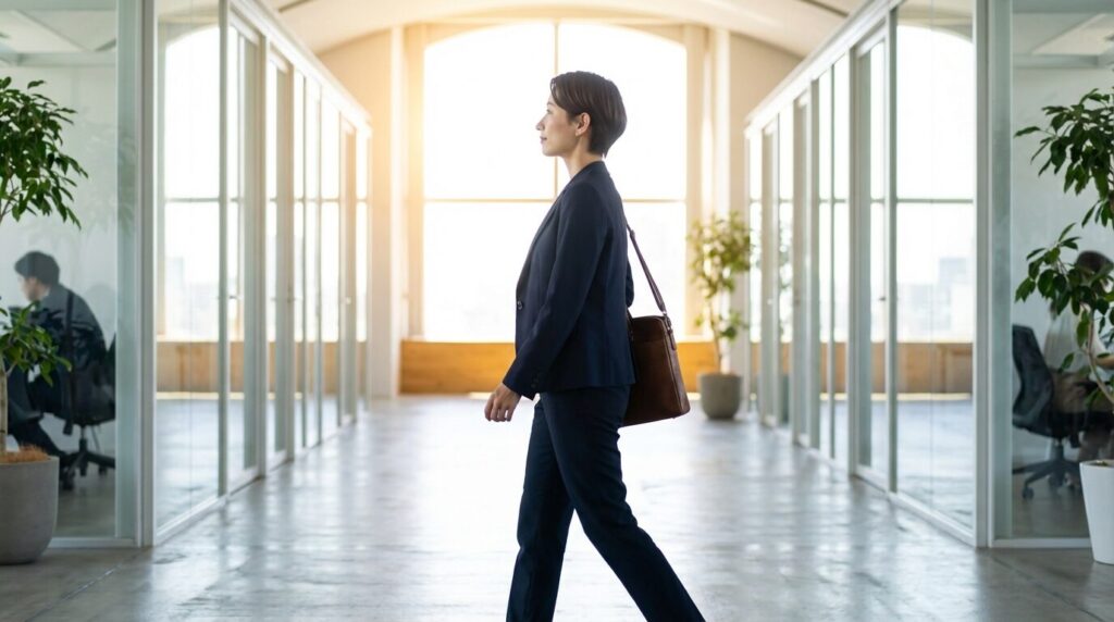 意地悪な人をやっつける方法のポイントを理解し、自信を持って新たな一歩を踏み出す日本人女性の姿。