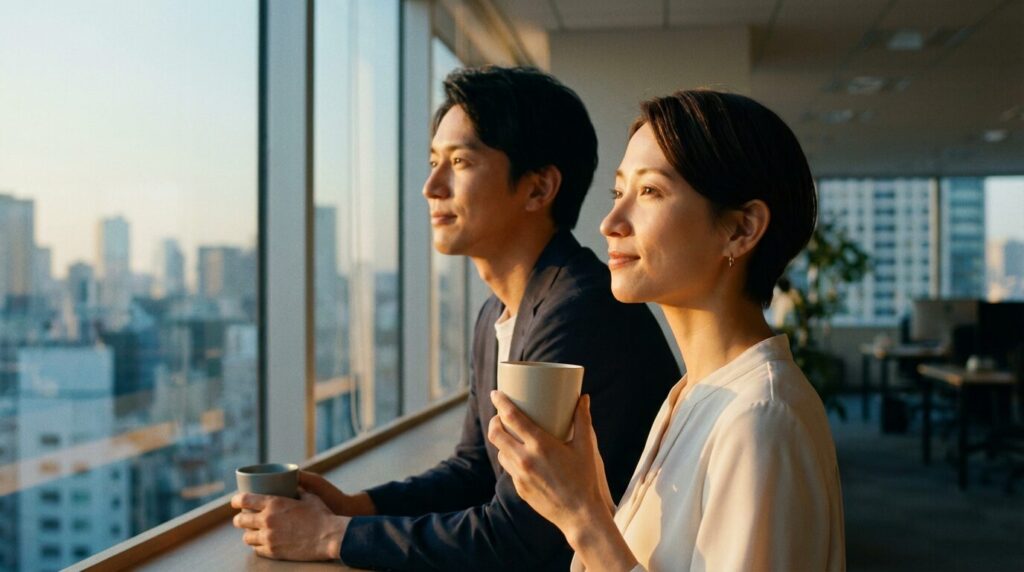 仕事を選ぶ人の末路と対処法まとめとして、職場でのストレスから解放され、前向きな気持ちを取り戻した日本人社員の穏やかな表情。自分の成長と未来に焦点を合わせている様子。