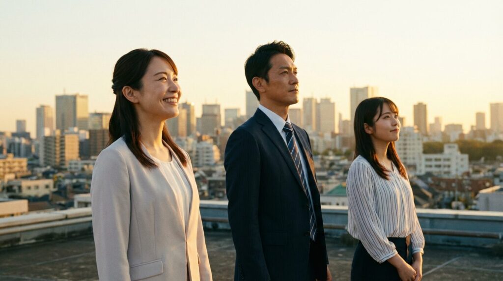 適切な距離感と理解を持って前を向く日本人のビジネスパーソンたち。人の事が気になる人の性格や心理を理解した上で、互いにストレスのない健全な関係を築いていく未来を象徴している。