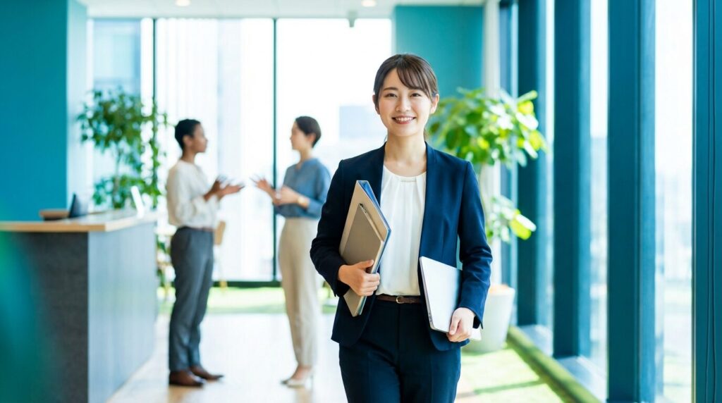 厳しい環境での対処法を学び、自信に満ちた明るい表情でオフィスの廊下を歩く20代日本人女性新人。新人に厳しい人の心理と対処法のまとめを象徴する様子。