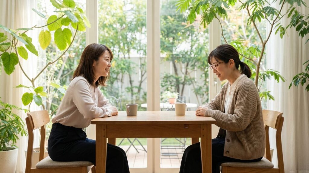 信頼できる相手と穏やかに会話をして安心している日本人女性たち。人の行動をチェックする人の心理と対処法のまとめとして、ひとりで抱え込まずに相談することの重要性を示唆している。