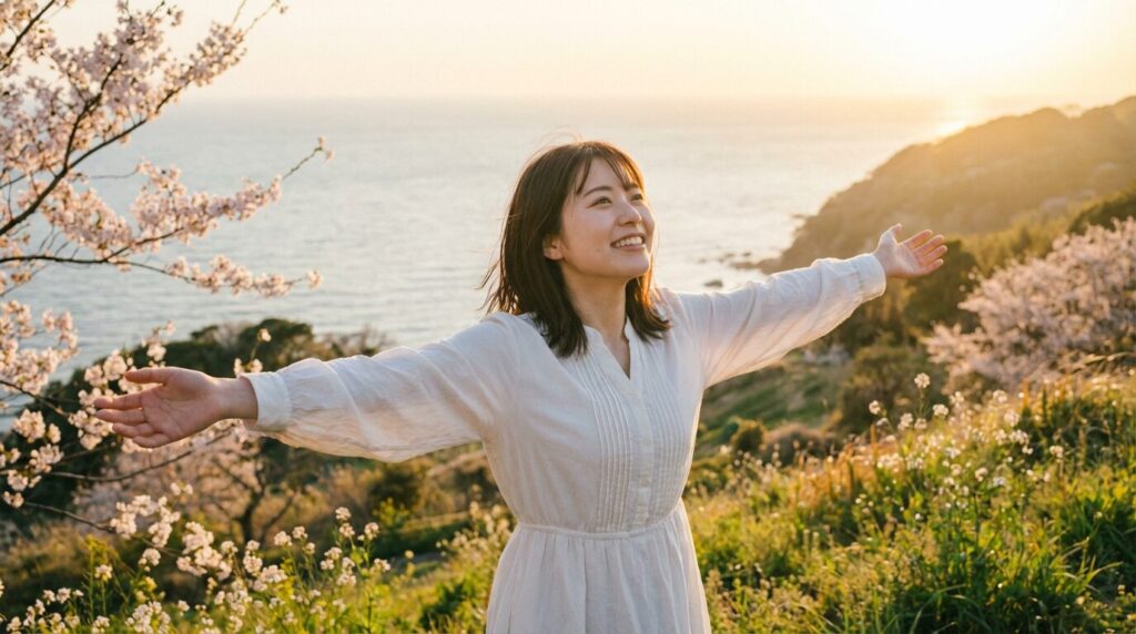 柔らかな日差しの下で穏やかな表情を見せる日本人女性。自分を知られたくない心理を理解し、適切な対処法を知ることで、前向きな気持ちを取り戻したまとめのイメージ。