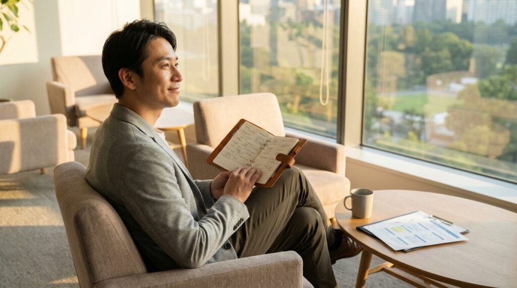 オフィスのラウンジで手帳を見返し、納得した表情で要点を整理している日本人男性社員。いちいちうるさい人の心理と対処法のポイントまとめとして、理解を深め前向きになっている様子。