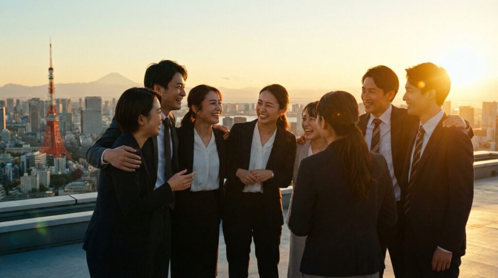 夕暮れ時に笑顔で語り合う日本人のチームメンバーたち。失言の後悔から立ち直る方法と防止策を学び、信頼関係を取り戻して前向きに進んでいく姿。