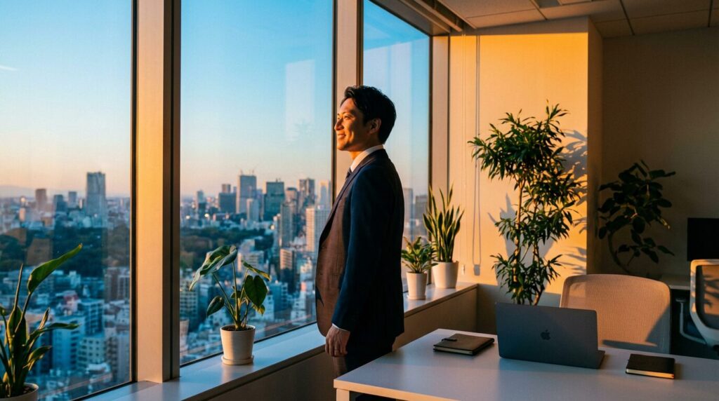 自分勝手な人の末路と対処法を理解し、新たな気持ちで前を向く日本人男性。人間関係のストレスから解放され、穏やかな未来へ向かうまとめのイメージ。