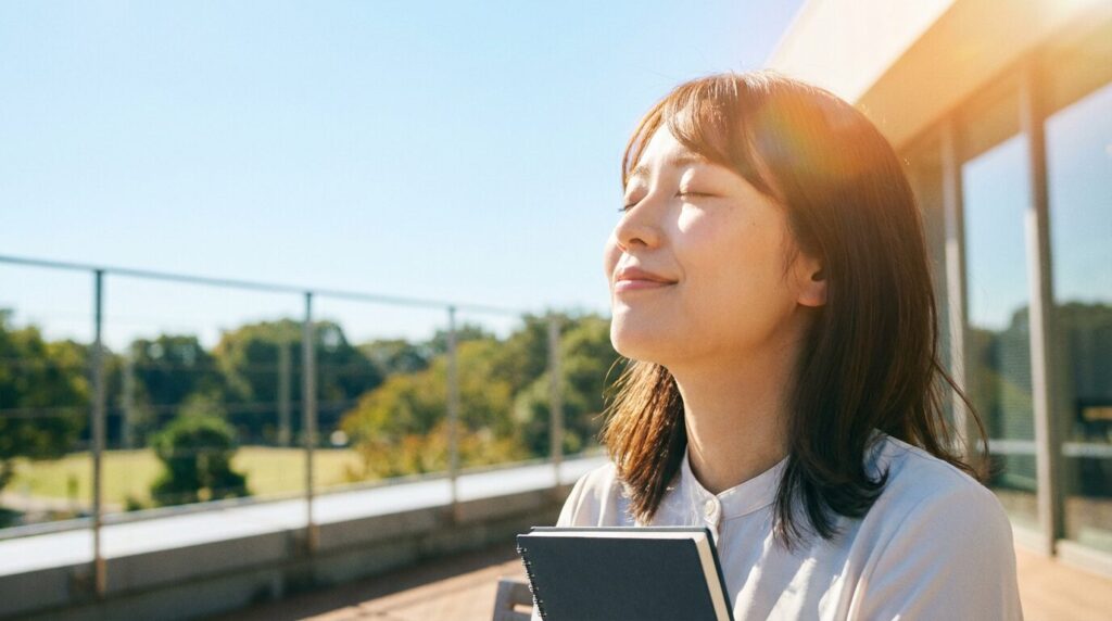 青空の下で深呼吸をしてリラックスしている日本人女性。自分の事しか考えない人の末路と対処法を理解し、ストレスから解放されて自分を大切にする一歩を踏み出す様子。