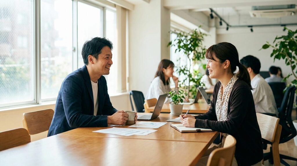 独り言が多い人は頭がいいと言われる理由や対処法のまとめとして、相互理解を深め良好な関係を築いている日本人の同僚たち。心理的背景を理解し適切に対応した後の調和のとれた職場。