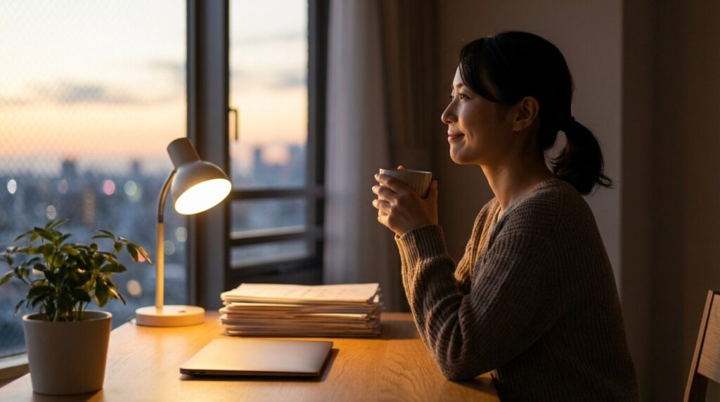 整頓されたデスクでリラックスし、穏やかな表情を浮かべる日本人女性社員。仕事が雑な人への対処法を実践し、イライラから解放されたストレスのない職場環境を象徴している。