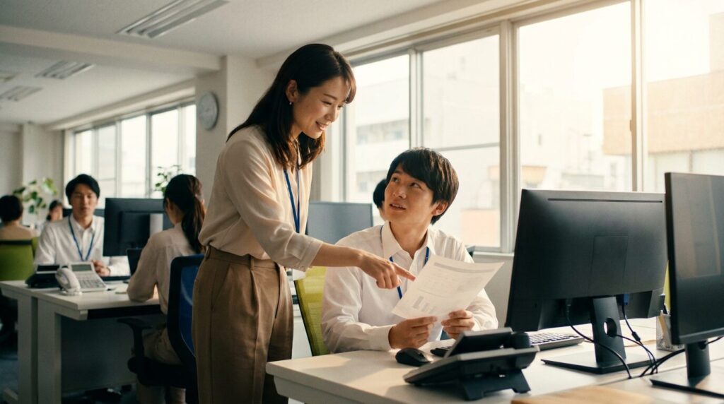 自信がない部下に対して穏やかにアドバイスをする日本人女性上司。自信がない人への適切な接し方と、安心感を与える対処法を表している様子。