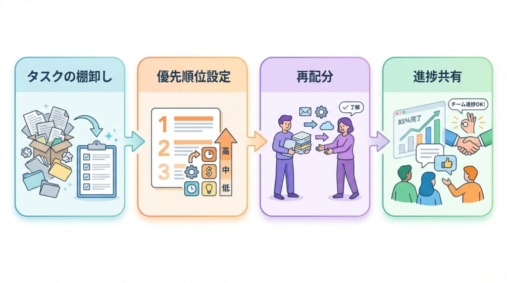 業務キャパオーバーを解消するための、タスク棚卸しから優先順位設定、再配分、進捗共有までの4ステップを示したフローチャート。