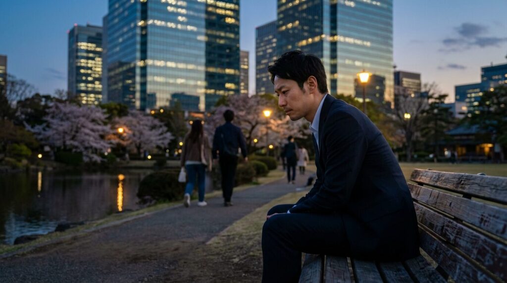 都市の公園で幼少期の写真を手に持ち、過去と現在に思いを馳せる日本人ビジネスマン。気質と環境の相互作用によって自己中心的な性格や人格が形成されていく複雑さを表現。