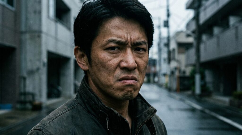 警戒心やストレスにより、顔全体がこわばっている日本人男性。意地悪な人の顔つきに見られる緊張感のある特徴。