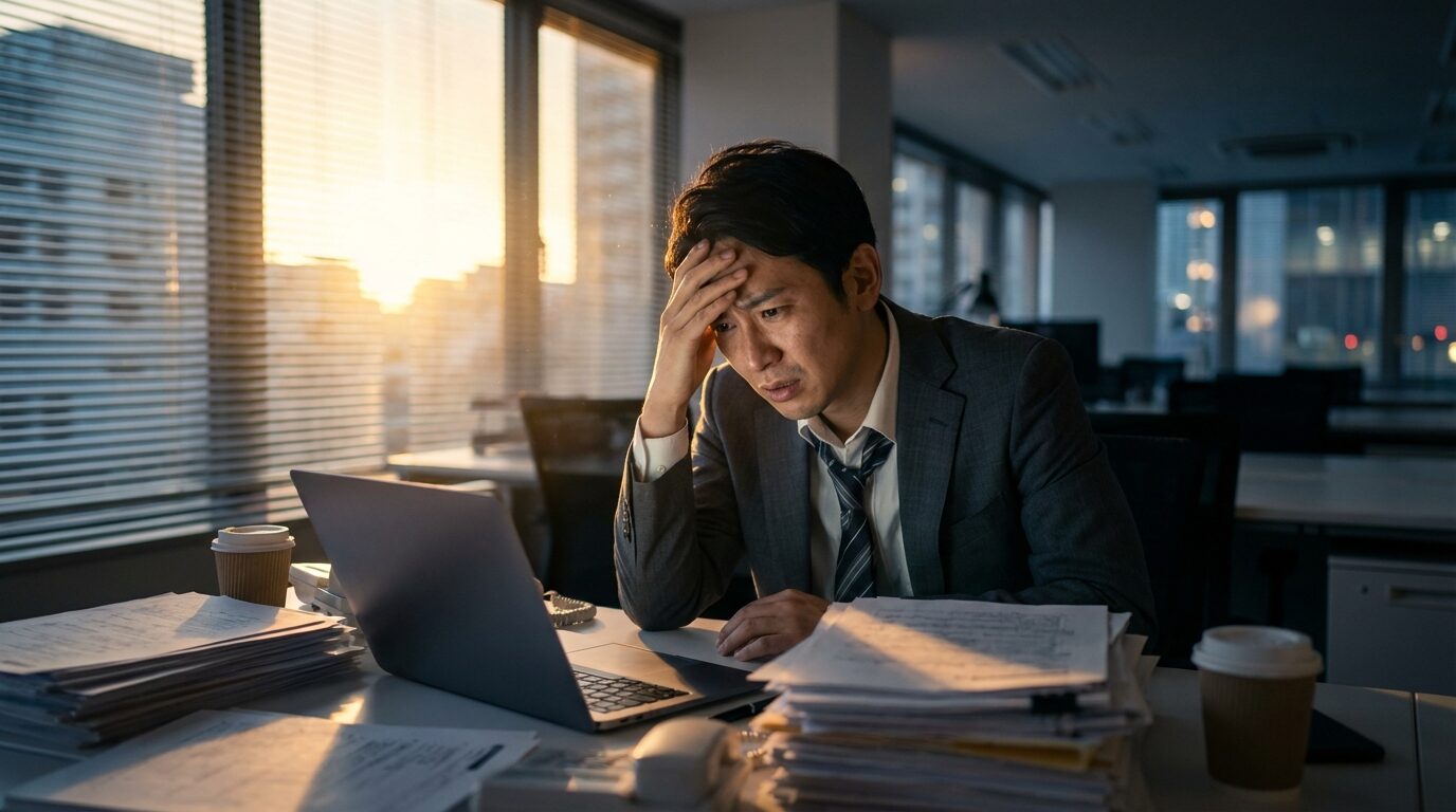 オフィスで疲労感を滲ませながら悩みこむ日本人男性。体調管理ができない人の特徴や原因を知り、現状を改善しようと模索している様子。