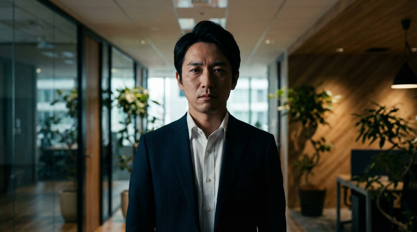 職場で人によって態度を変える日本人男性社員が、上司と部下で表情を使い分けている様子。態度を変える人の二面性と末路を暗示するイメージ。