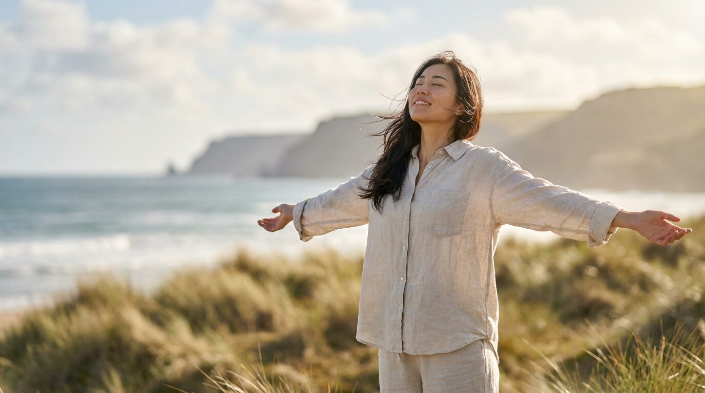 青空の下で風を感じながら解放感に満ちた表情を見せる日本人女性。人に執着しない人の特徴や心理を理解し、執着を手放すことで得られる自由な生き方を象徴している。