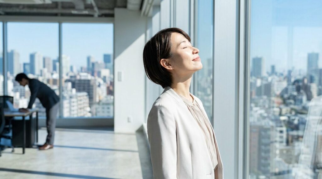 オフィスの窓辺で穏やかな表情を浮かべ、深呼吸をする日本人女性社員。自己中心的な人の育ちと心理を理解し、冷静に対処することで心の平穏を取り戻した様子。