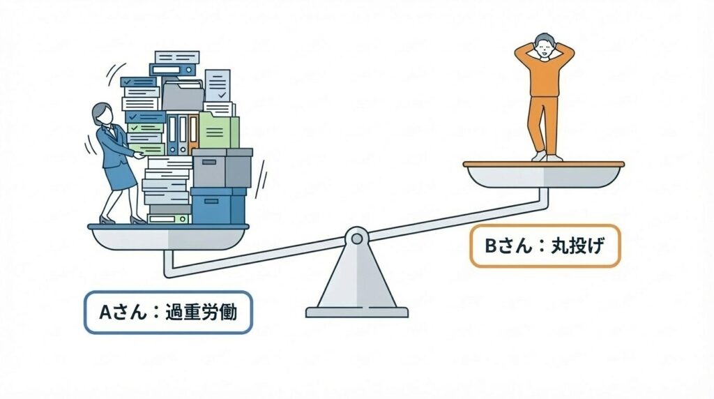 能力が高い人に仕事が集中する「報酬なき負担増」の構造を示す概念図。天秤の片方にいる「能力が高く仕事が早い人」には大量の業務と責任が積まれ、もう片方の「丸投げする人」は身軽である様子を描き、不公平な業務バランスを表現している。