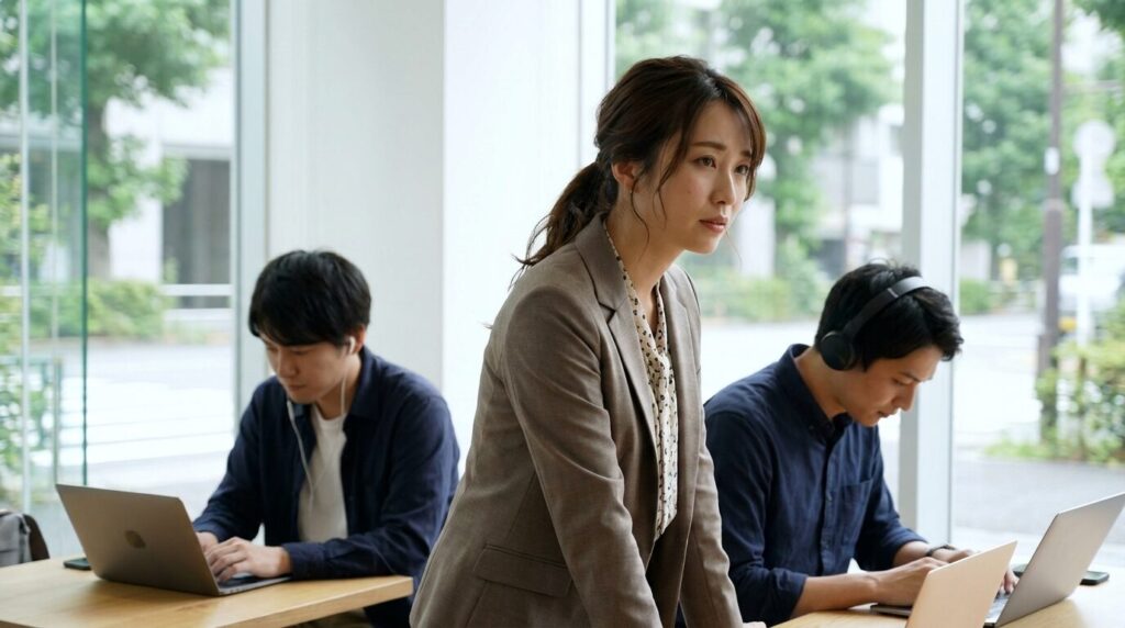 職場で同僚が話しかけているにもかかわらず無関心な態度をとる日本人男性と、それを見てつまらなそうにしている日本人女性。他人に興味がない人との会話で感じる虚しさを表現している。