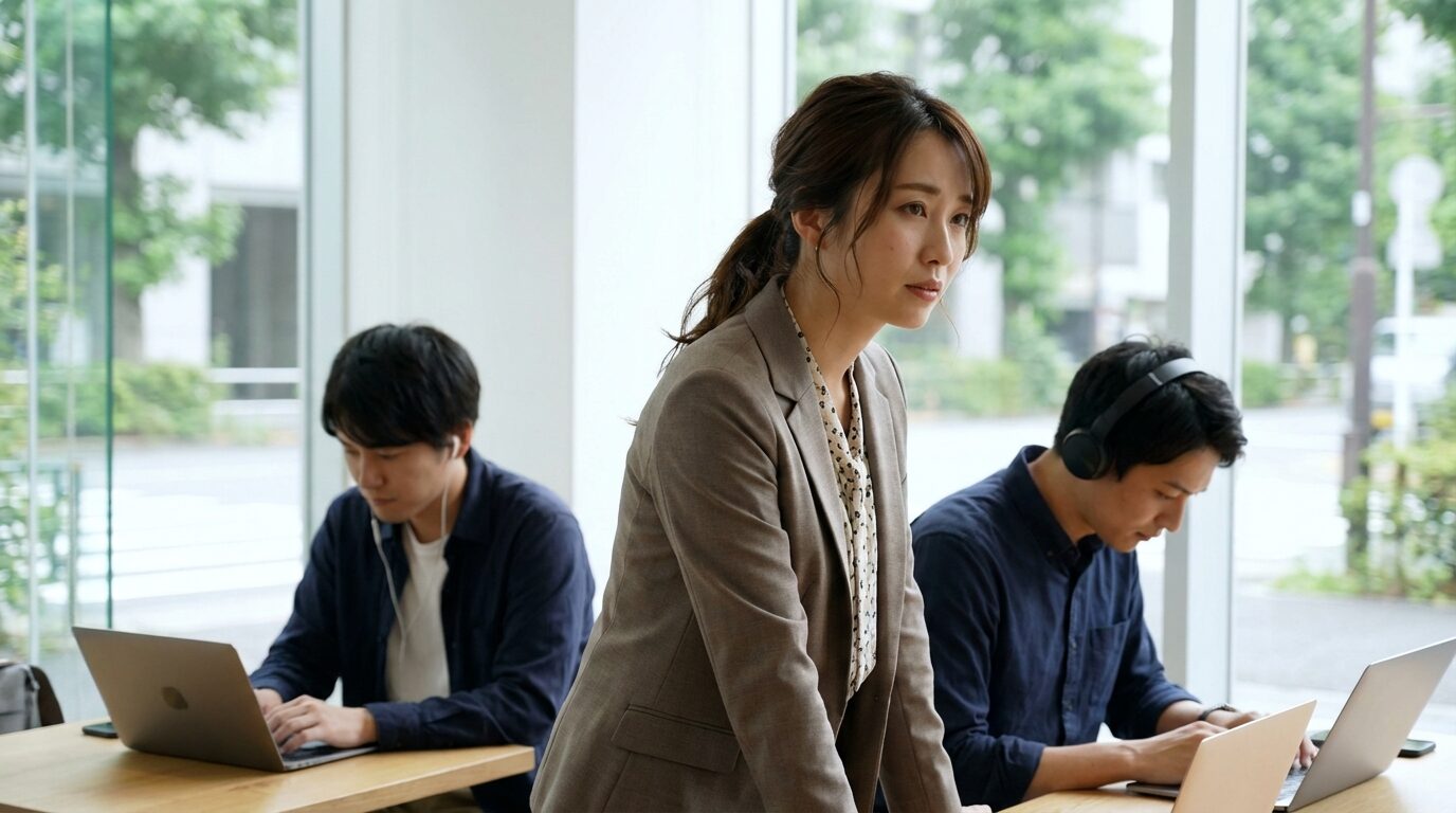 職場で同僚が話しかけているにもかかわらず無関心な態度をとる日本人男性と、それを見てつまらなそうにしている日本人女性。他人に興味がない人との会話で感じる虚しさを表現している。