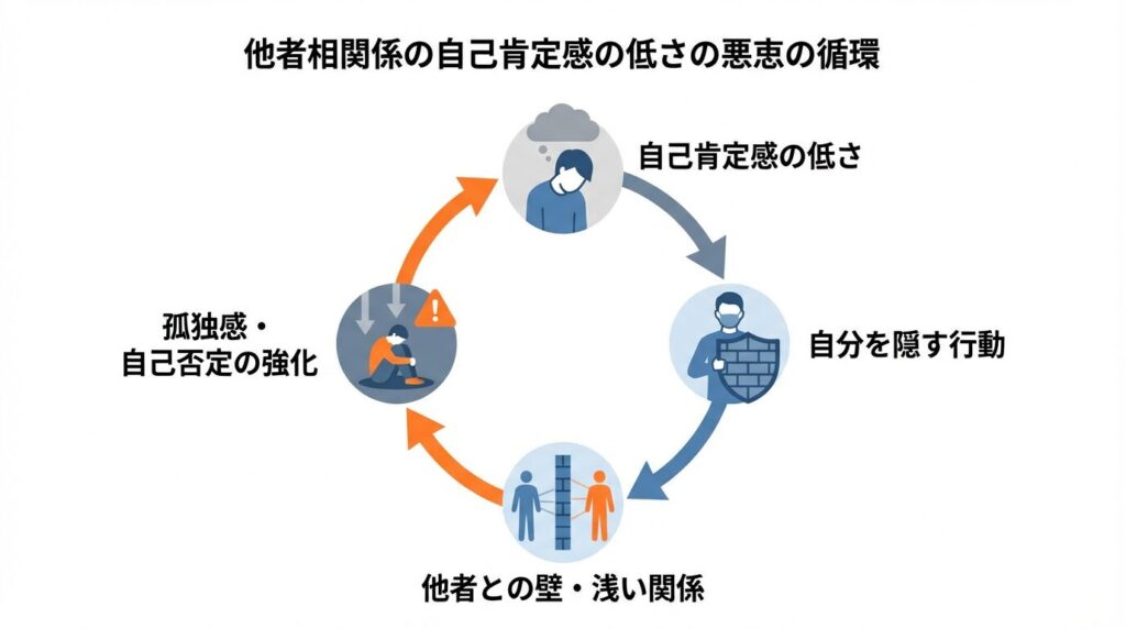 自己肯定感の低さが孤独感を招く悪循環を示すフローチャート。「自己肯定感の低さ」から「自分を隠す行動」「他者との壁」「孤独感の強化」へと繋がり、さらに自己肯定感が下がる負のループ構造を図解。