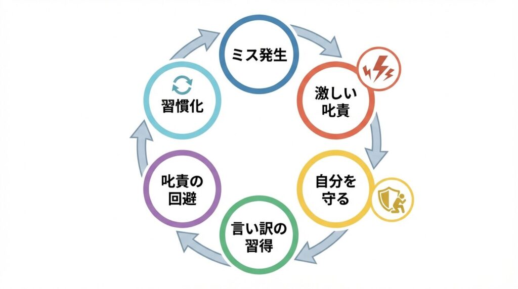 厳しい家庭環境が言い訳を生む負のサイクル図解：過度な叱責から自分を守るために言い訳を習得し、それが成功体験となって習慣化してしまう悪循環