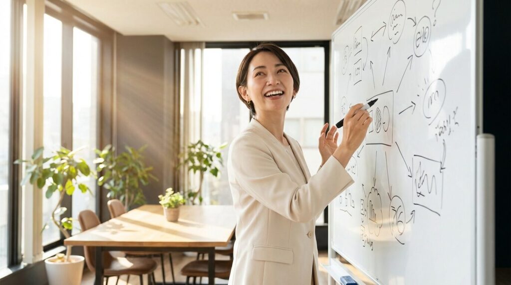 独り言が多い人は頭がいいと言われる理由の一つである、思考の整理を行っている日本人女性。情報を声に出すことで理解を深め、効率的に仕事を進めている様子。