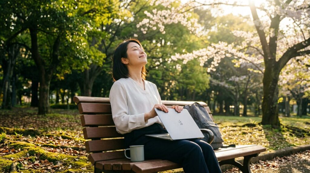 公園で空を見上げ、前向きな表情で深呼吸をする日本人女性。自信がない人の育ちや末路について理解し、未来への希望を表している様子。