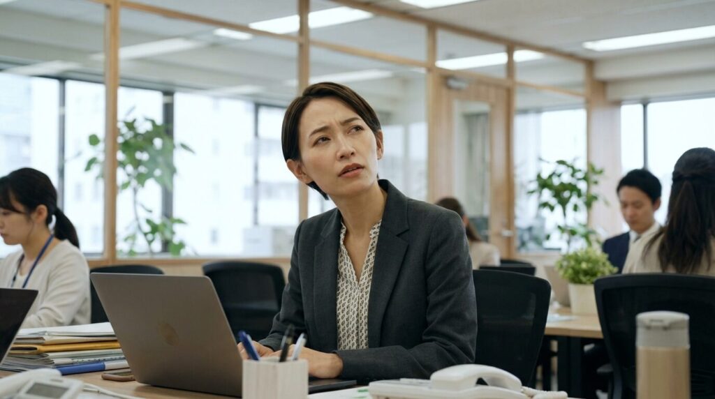 オフィスのデスクで、意地悪な人の顔つきに違和感を覚え、表情に出る理由を観察しているような日本人女性の様子。