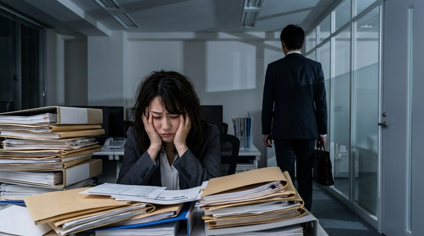 オフィスで上司から大量の仕事を丸投げされ、困惑している30代日本人女性社員の様子。仕事を丸投げする人の心理と対処法に悩んでいる姿を現している。