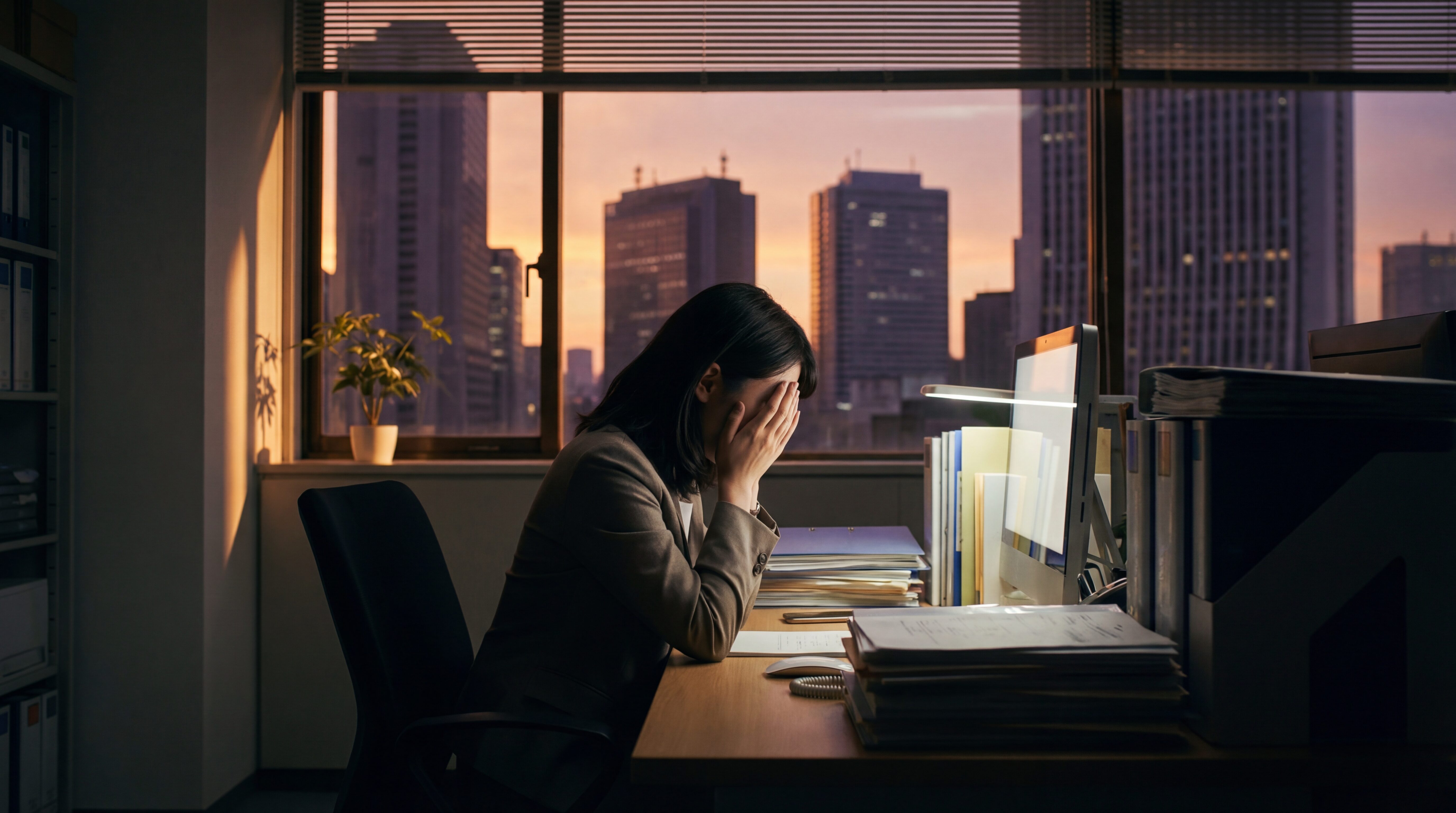 夕暮れのオフィスで仕事のミスばかり続き自己嫌悪に陥っている日本人女性社員が、デスクで深く悩んでいる様子。