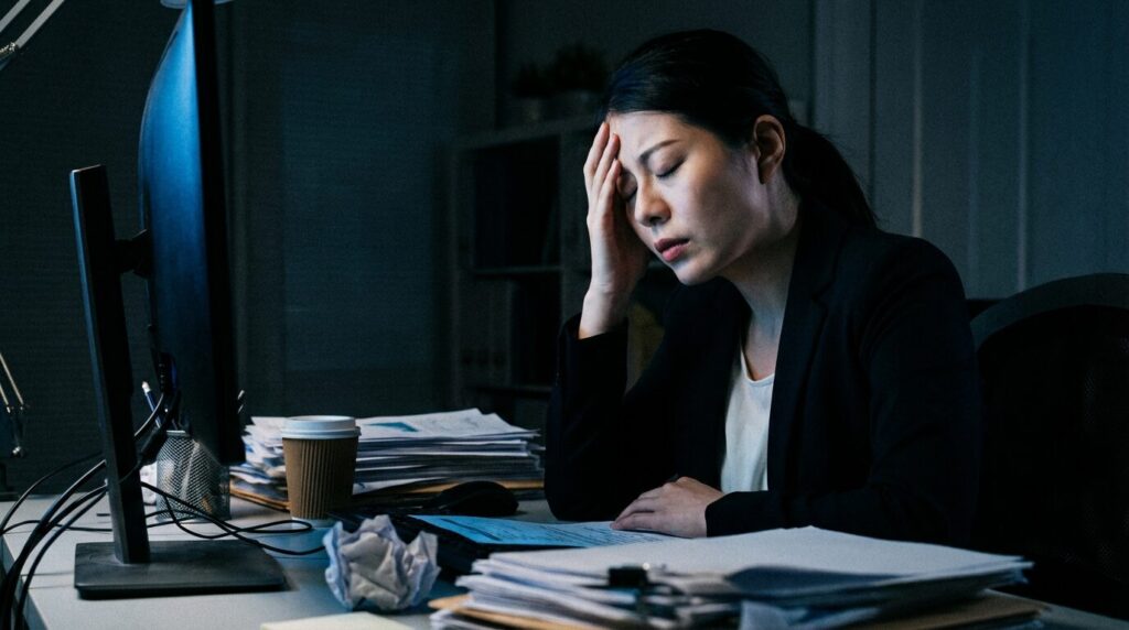 多忙なオフィスで過度なストレスと疲労を抱え、余裕がない表情の日本人女性。失言が起きる原因と考えられる要因を象徴するイメージ。