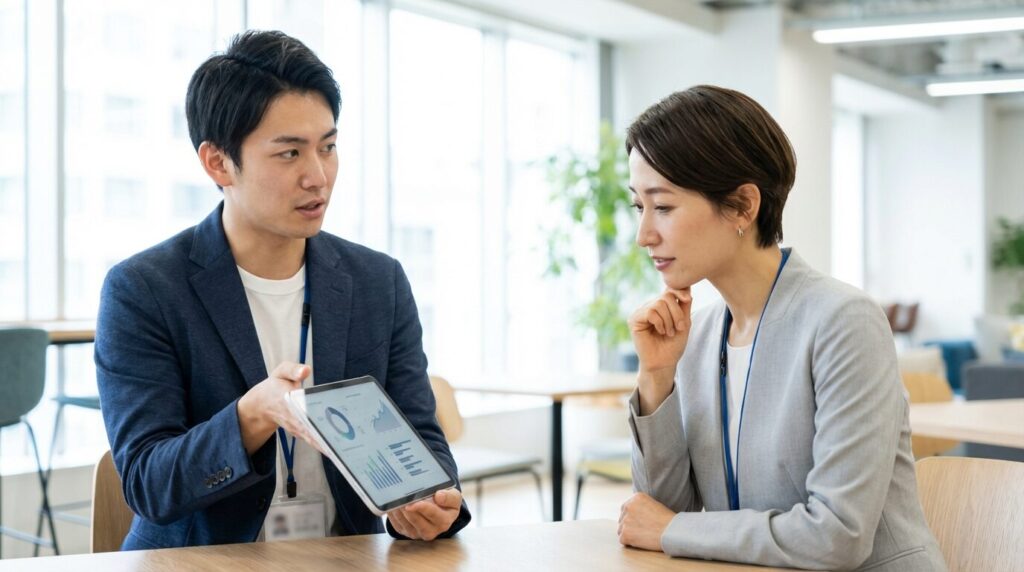 タブレットを使って上司にタスク状況を共有し、相談している20代の日本人男性。仕事が集中して困っているときの適切な対処法として、業務の可視化を行っている様子。