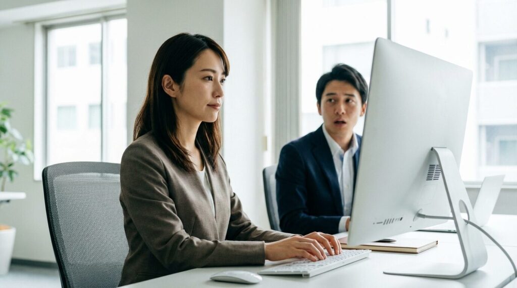 職場で上から目線の人に対して物理的な距離を保ち、自分の業務に集中することで適切な対処法を実践している日本人女性社員。