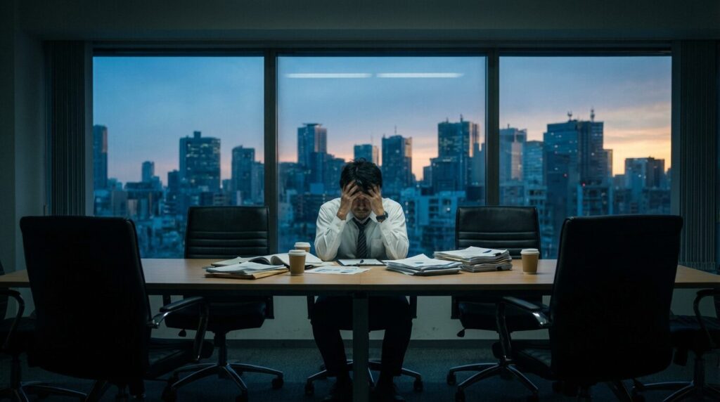 職場でトラブルを抱えても周囲からの助けが得られず、一人で頭を抱える日本人男性。自分勝手な人の末路として、因果応報や職場で孤立するリスクを表現している。