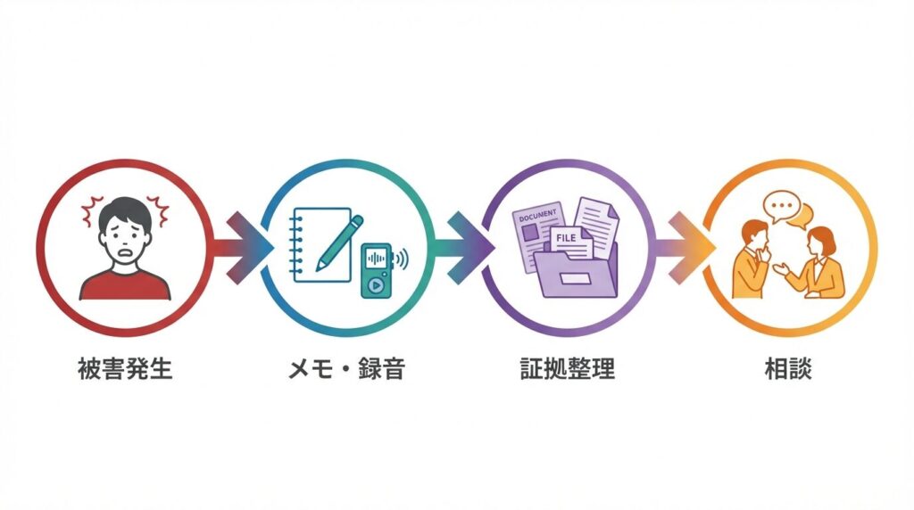 相談までのアクションフロー図。被害発生時にメモや録音で記録を残し、証拠を整理した上で第三者や窓口へ相談するまでの具体的な手順。