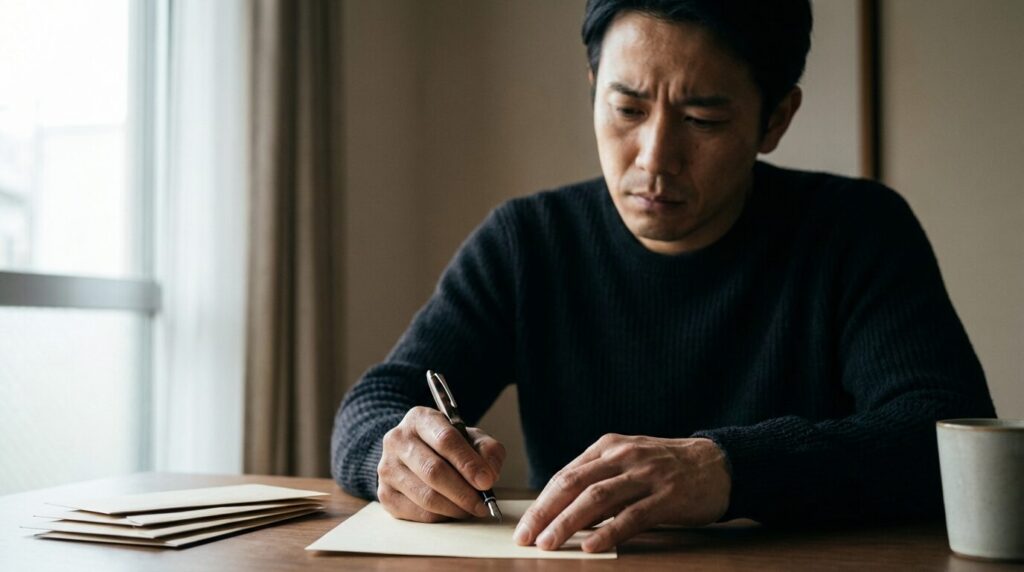 デスクに向かい、誠実な表情で謝罪の手紙を書いている30代の日本人男性。自分が人を苦しめてしまったときに取るべき、真摯な反省と謝罪の姿勢を表現している。