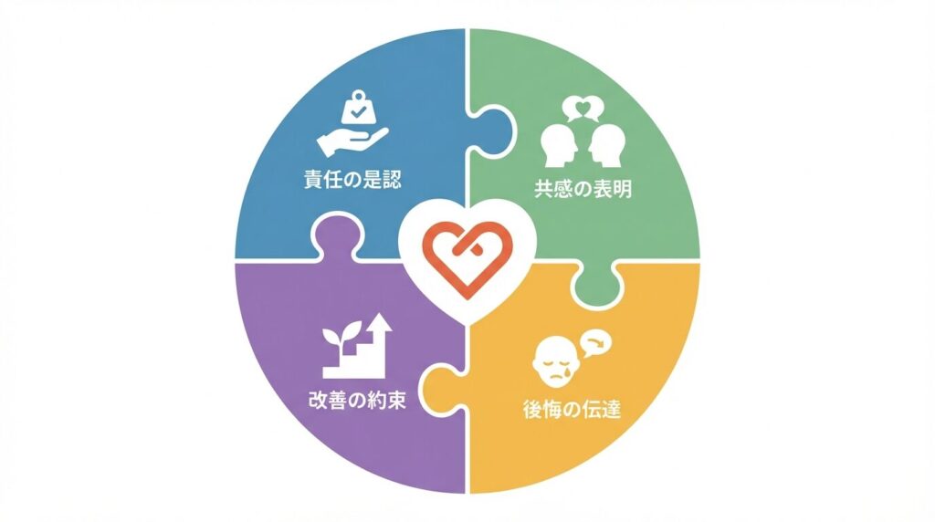責任の是認・共感・後悔・改善の4要素が組み合わさり信頼関係を修復する構造を示した図解