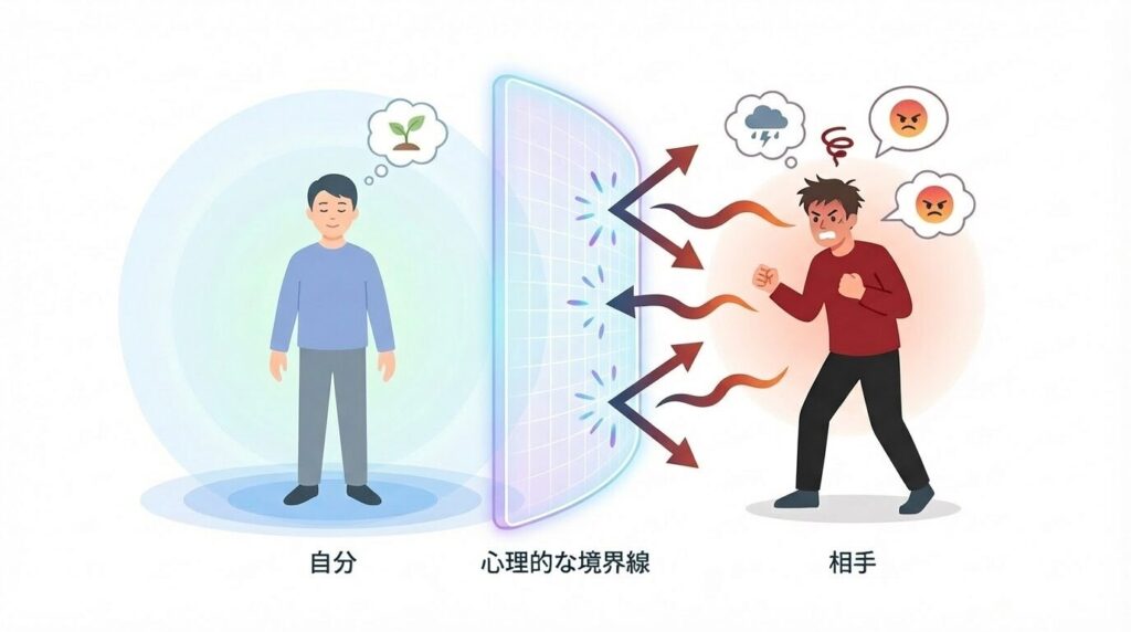 外面がいい人の感情に巻き込まれないよう、自分と相手の間に心理的な境界線(バリア)を描いて距離を保つイメージ図