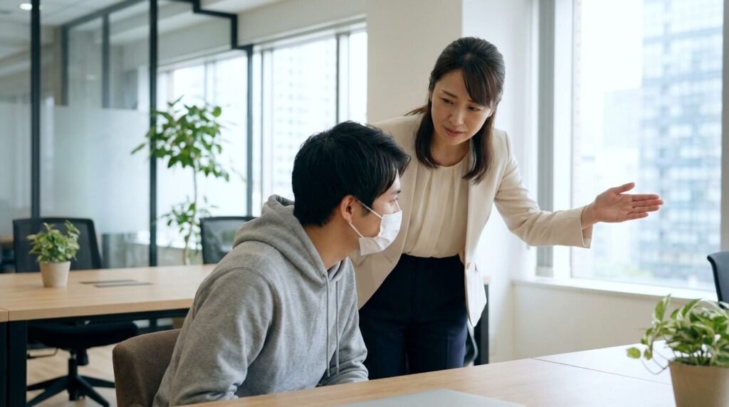 体調不良の日本人男性同僚に対し、優しく帰宅を促す声かけを行っている30代日本人女性社員。体調悪いのに出勤してくる人への適切な対応策としての思いやりのあるコミュニケーション。