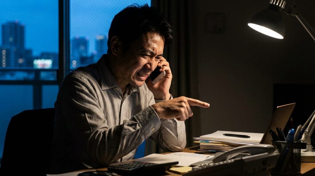 苛立ちながら何度も電話をかけ直している日本人男性の様子。しつこい着信や感情的な対応など、相手との関係を悪化させてしまう避けるべき対応を描写している。