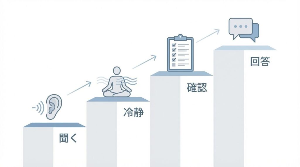 本質を見抜く人との冷静な対話を実現するための4ステップ。傾聴、深呼吸、事実確認、論理的回答の順序を可視化したプロセス図。