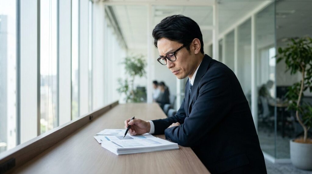 オフィスで書類を手に取り、真剣な眼差しで細部を確認している日本人の30代男性。字が小さい人の性格傾向と特徴である、慎重さや幾帳面さを表している様子。