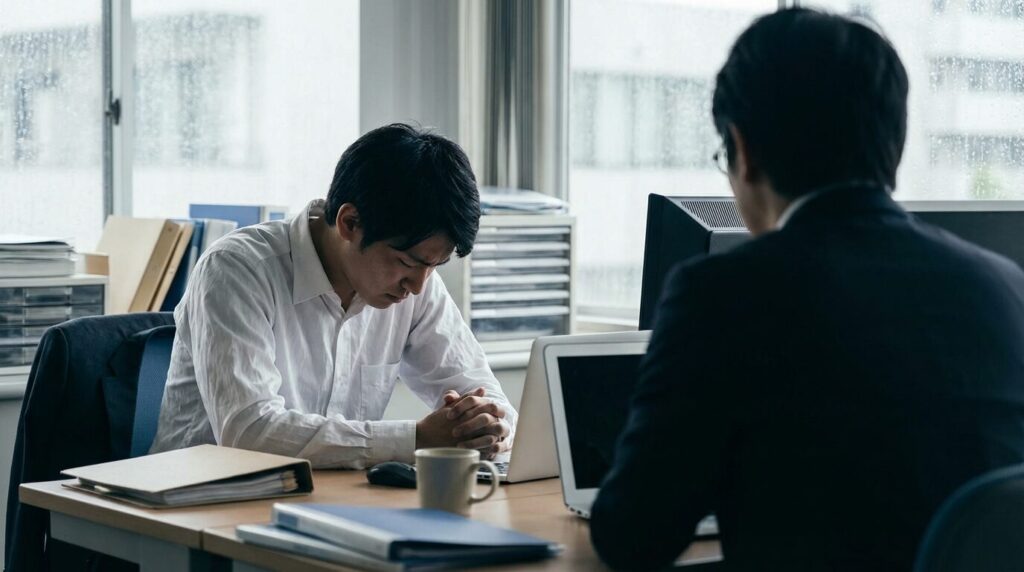 オフィスで同僚に対して恐縮し謝っている日本人男性社員。なめられやすい人の特徴である自信のなさや謝り癖を表している様子。