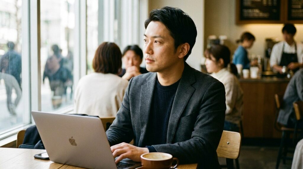 周囲の状況を冷静に観察し、情報を分析している知的な日本人男性の様子。感情に流されず事実を整理する、本質を見抜く人の特徴を表している。