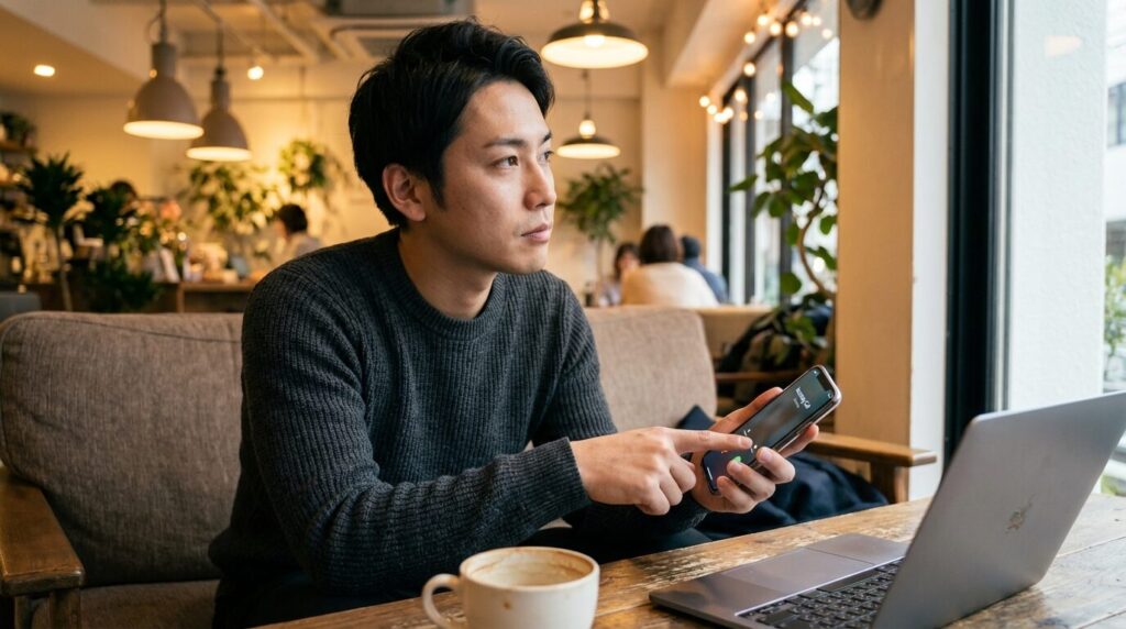 カフェでスマートフォンを操作する日本人男性が、メッセージには返信するものの電話の着信には無関心な態度を示している。電話に出ない人に見られる特徴的な行動を描写している。